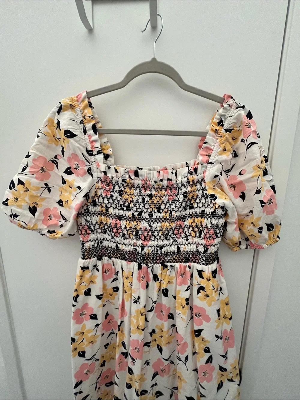 kate spade White Floral Smocked Midi Dress with Pink & Yellow Blooms